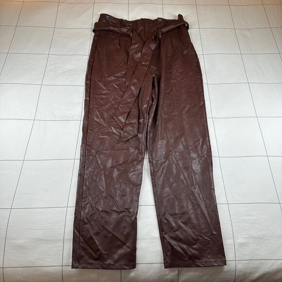 Commando Pants Womens Medium Oxblood Brown Faux Leather Vegan Paperbag Waist - Picture 2 of 12